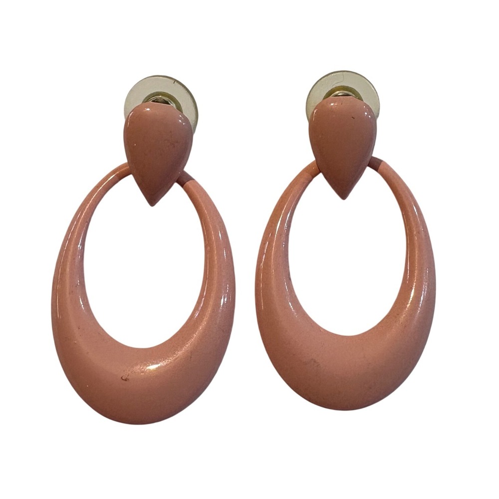 1980s Pink Enamel Metal Door Knocker Hoop Earrings 80s Retro Style Oval Drop